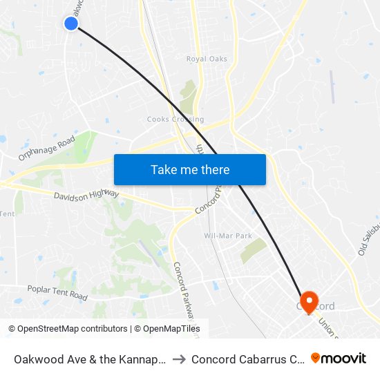Oakwood Ave & the Kannapolis Middle School to Concord Cabarrus County NC USA map