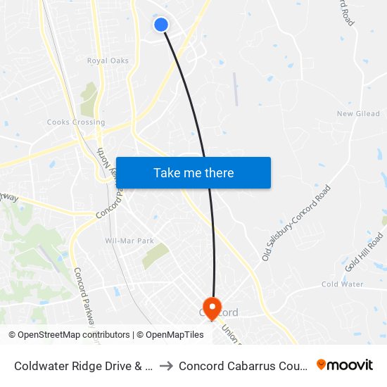 Coldwater Ridge Drive & Doffer Lane to Concord Cabarrus County NC USA map