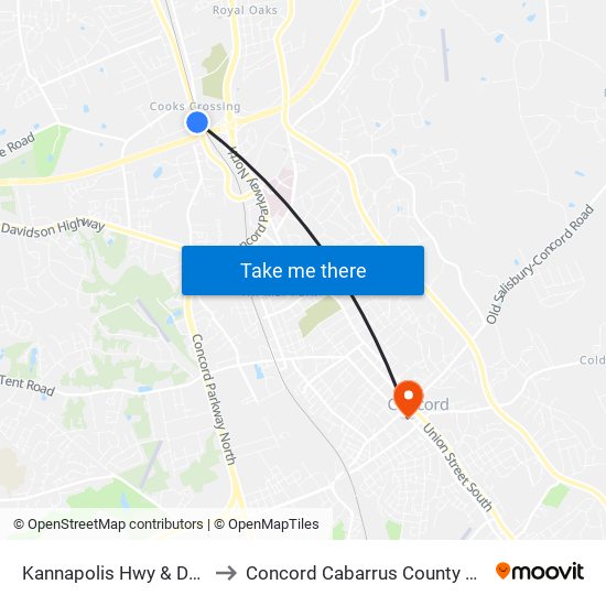 Kannapolis Hwy & Dmv- Ib to Concord Cabarrus County NC USA map