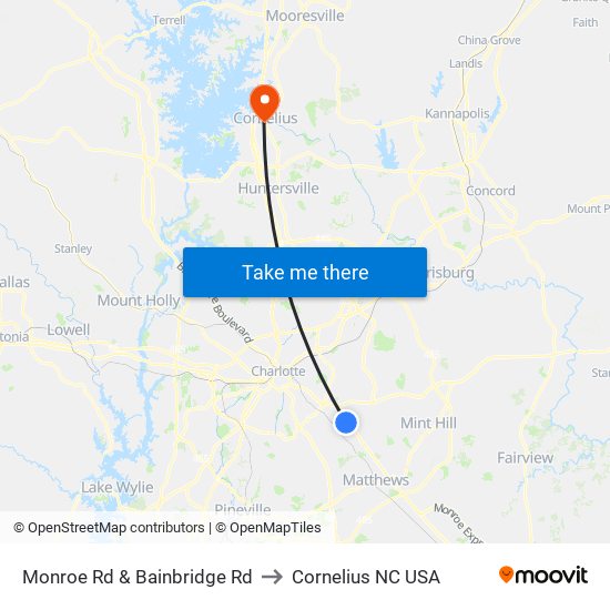 Monroe Rd & Bainbridge Rd to Cornelius NC USA map