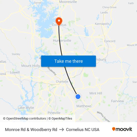 Monroe Rd & Woodberry Rd to Cornelius NC USA map