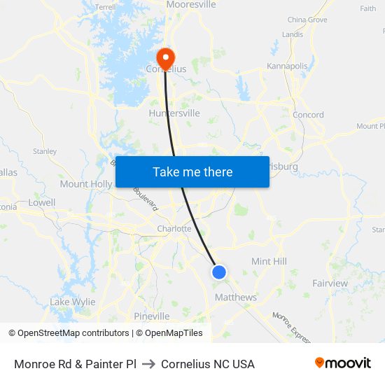 Monroe Rd & Painter Pl to Cornelius NC USA map