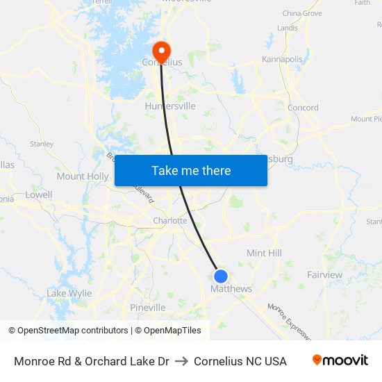 Monroe Rd & Orchard Lake Dr to Cornelius NC USA map