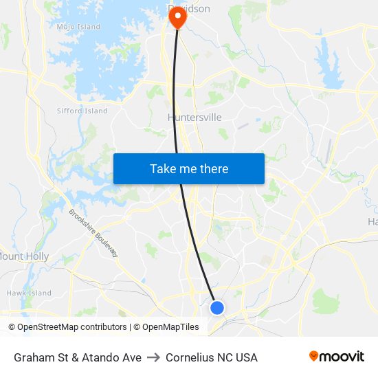 Graham St & Atando Ave to Cornelius NC USA map