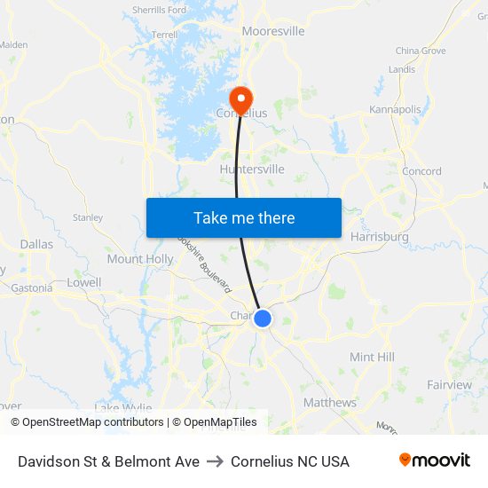 Davidson St & Belmont Ave to Cornelius NC USA map