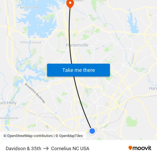 Davidson & 35th to Cornelius NC USA map