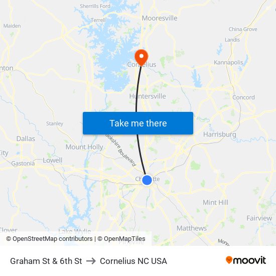 Graham St & 6th St to Cornelius NC USA map