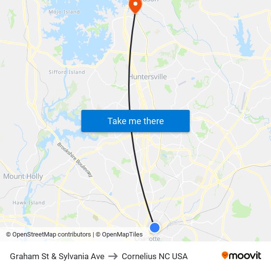 Graham St & Sylvania Ave to Cornelius NC USA map