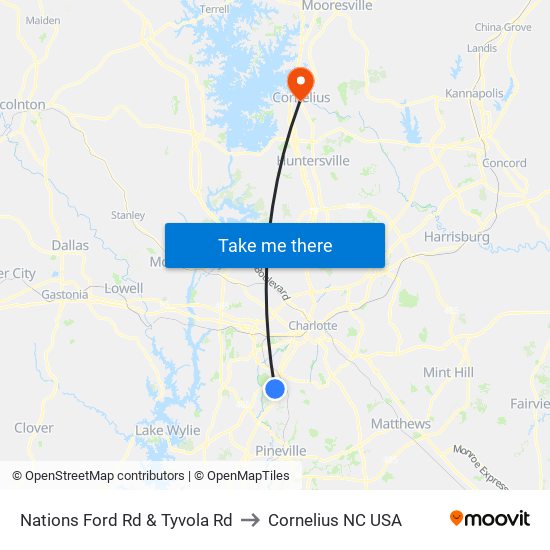 Nations Ford Rd & Tyvola Rd to Cornelius NC USA map