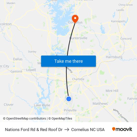 Nations Ford Rd & Red Roof Dr to Cornelius NC USA map