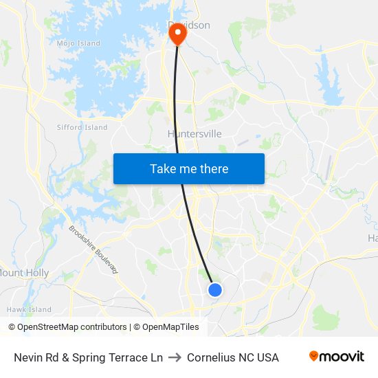 Nevin Rd & Spring Terrace Ln to Cornelius NC USA map