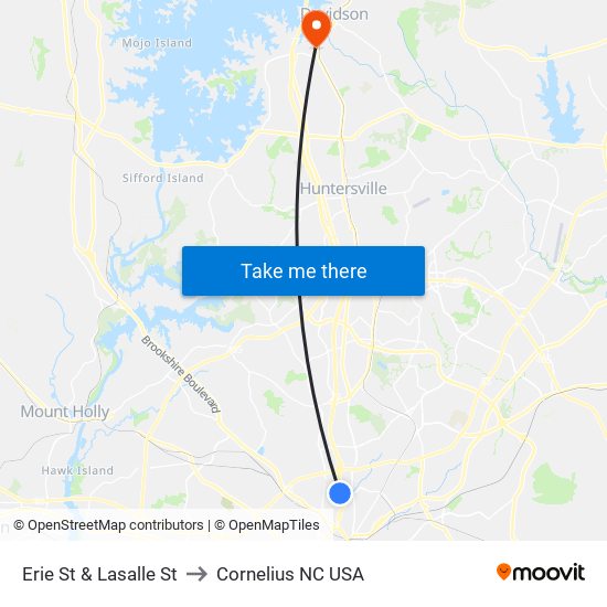 Erie St & Lasalle St to Cornelius NC USA map