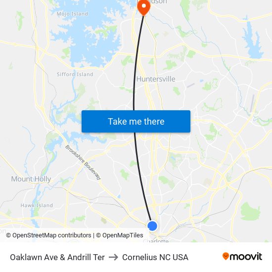 Oaklawn Ave & Andrill Ter to Cornelius NC USA map