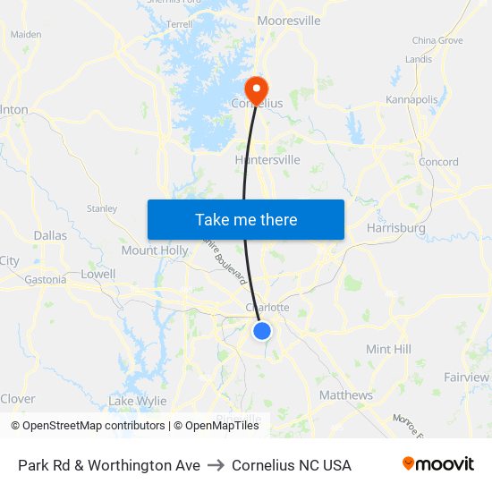Park Rd & Worthington Ave to Cornelius NC USA map