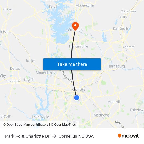 Park Rd & Charlotte Dr to Cornelius NC USA map