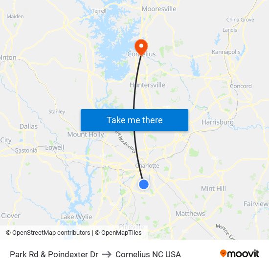 Park Rd & Poindexter Dr to Cornelius NC USA map