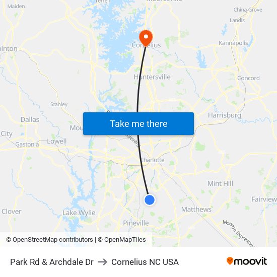 Park Rd & Archdale Dr to Cornelius NC USA map