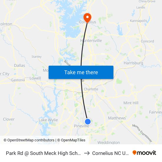 Park Rd @ South Meck High School to Cornelius NC USA map