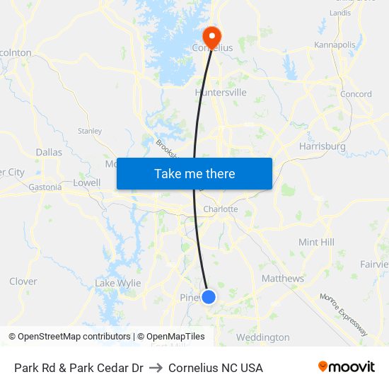 Park Rd & Park Cedar Dr to Cornelius NC USA map