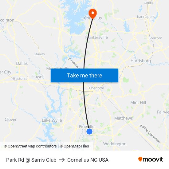 Park Rd @ Sam's Club to Cornelius NC USA map