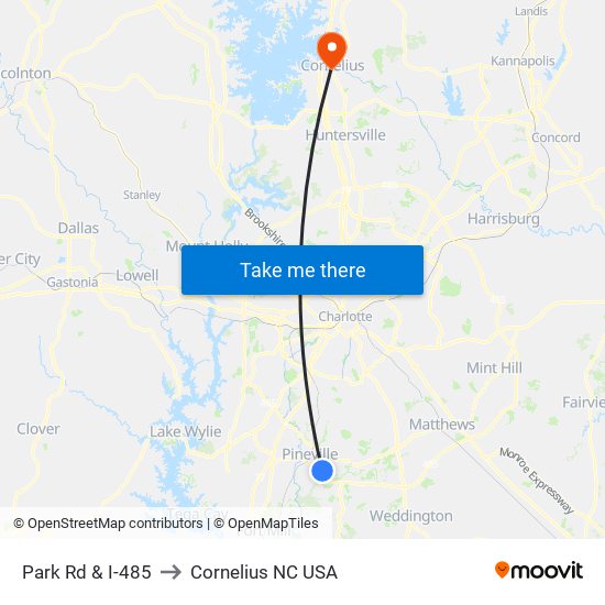 Park Rd & I-485 to Cornelius NC USA map