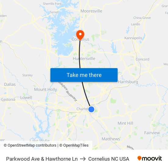 Parkwood Ave & Hawthorne Ln to Cornelius NC USA map