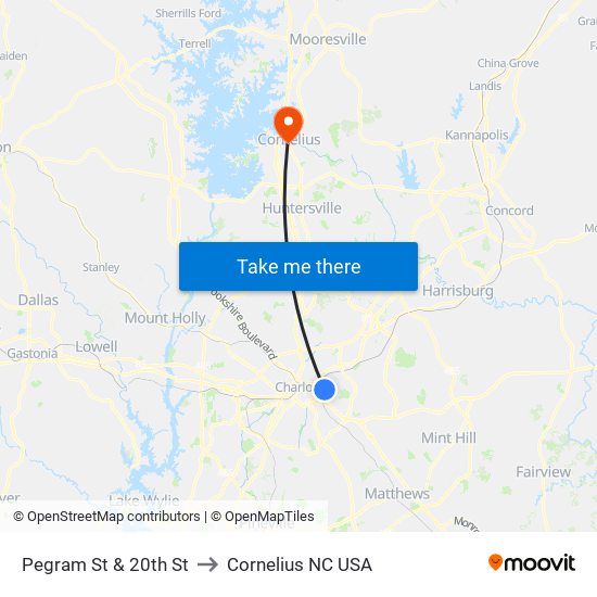 Pegram St & 20th St to Cornelius NC USA map