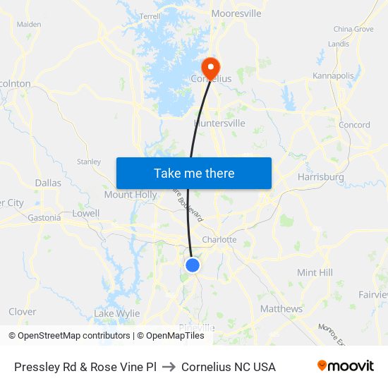 Pressley Rd & Rose Vine Pl to Cornelius NC USA map