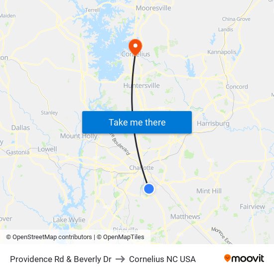 Providence Rd & Beverly Dr to Cornelius NC USA map