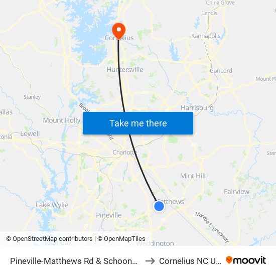 Pineville-Matthews Rd & Schooner Ln to Cornelius NC USA map