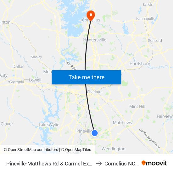 Pineville-Matthews Rd & Carmel Executive Dr to Cornelius NC USA map