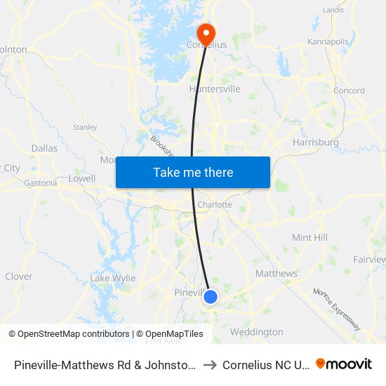 Pineville-Matthews Rd & Johnston Rd to Cornelius NC USA map