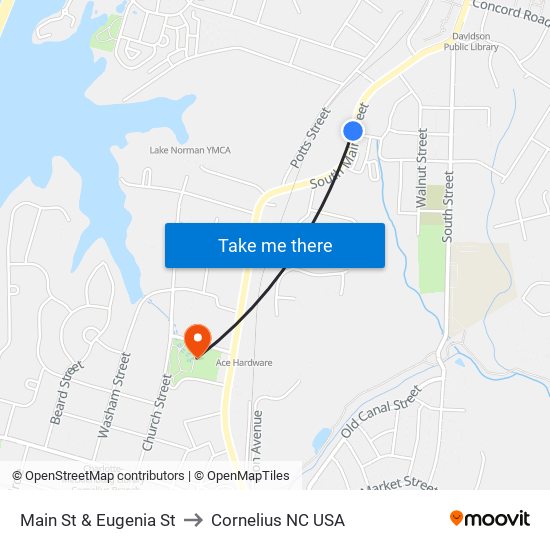 Main St & Eugenia St to Cornelius NC USA map