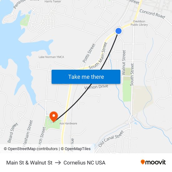 Main St & Walnut St to Cornelius NC USA map