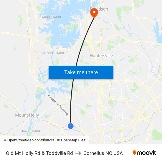 Old Mt Holly Rd & Toddville Rd to Cornelius NC USA map