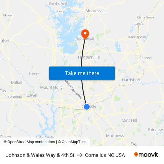 Johnson & Wales Way & 4th St to Cornelius NC USA map