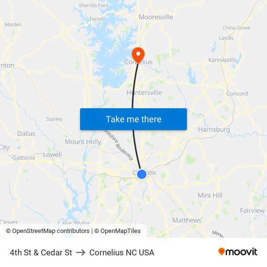 4th St & Cedar St to Cornelius NC USA map