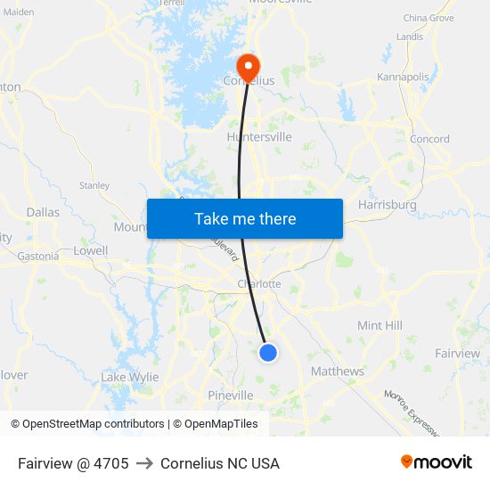 Fairview @ 4705 to Cornelius NC USA map