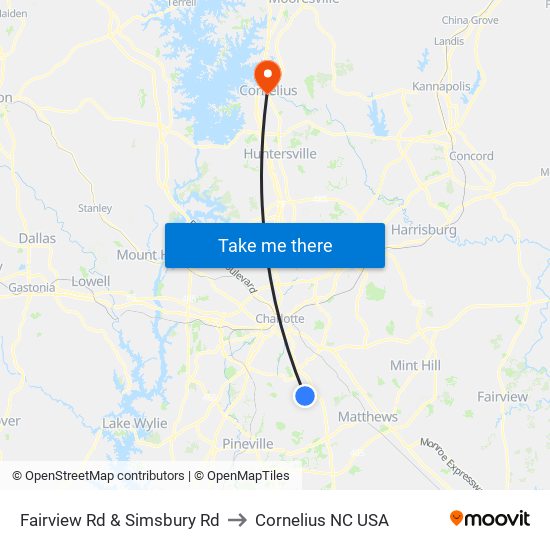 Fairview Rd & Simsbury Rd to Cornelius NC USA map