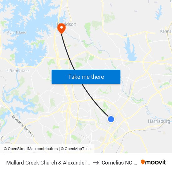 Mallard Creek Church & Alexander Village to Cornelius NC USA map