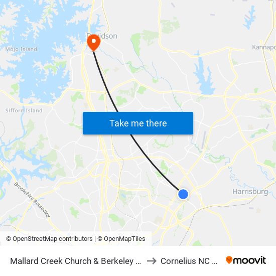 Mallard Creek Church & Berkeley Place to Cornelius NC USA map