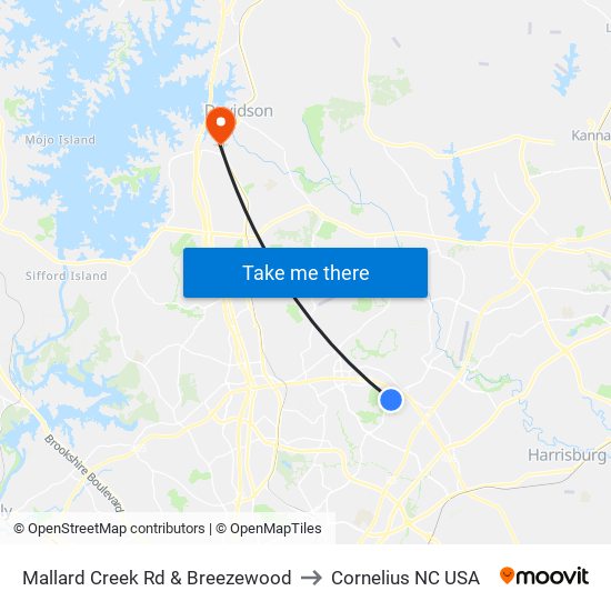 Mallard Creek Rd & Breezewood to Cornelius NC USA map