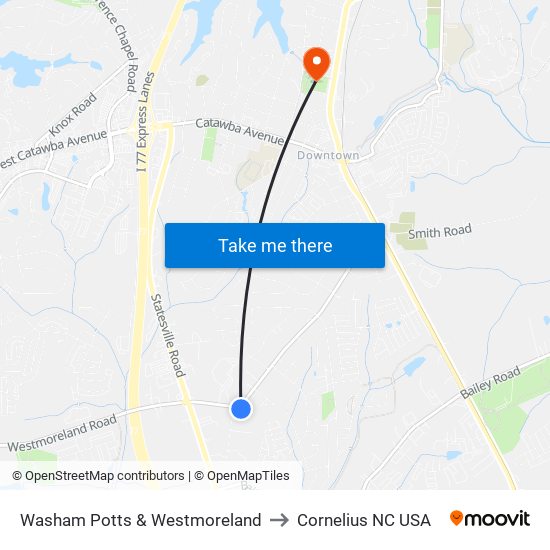 Washam Potts & Westmoreland to Cornelius NC USA map