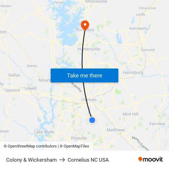 Colony & Wickersham to Cornelius NC USA map