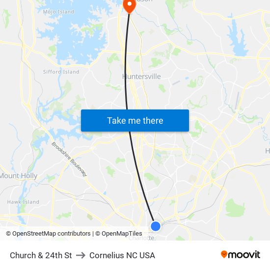 Church & 24th St to Cornelius NC USA map