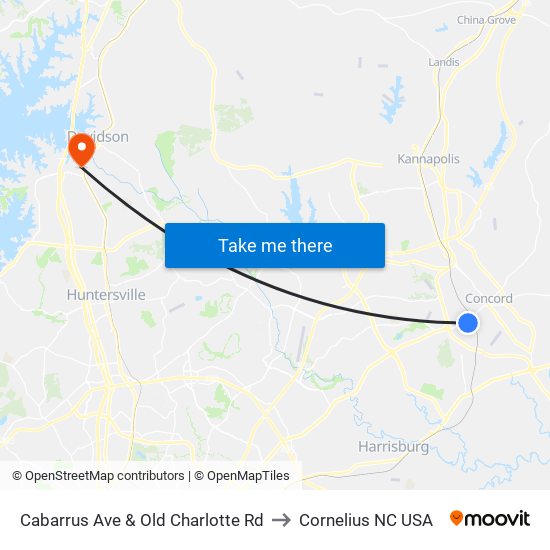 Cabarrus Ave & Old Charlotte Rd to Cornelius NC USA map