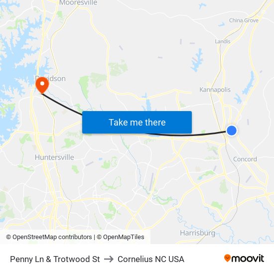 Penny Ln & Trotwood St to Cornelius NC USA map