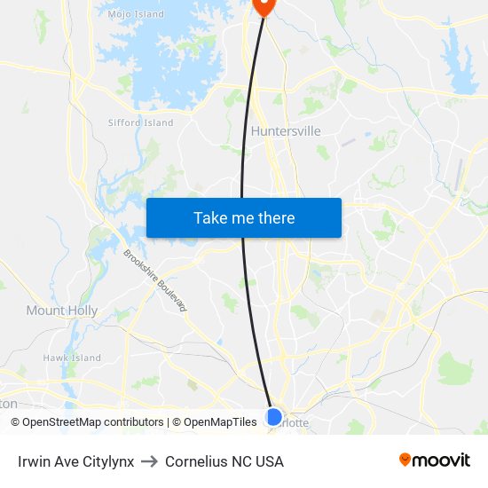 Irwin Ave Citylynx to Cornelius NC USA map