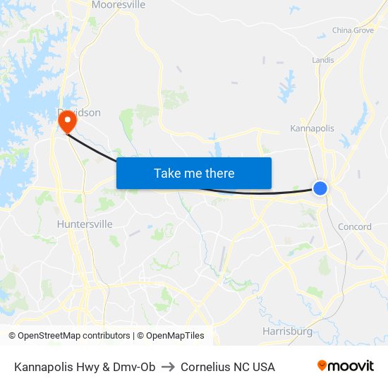 Kannapolis Hwy & Dmv-Ob to Cornelius NC USA map