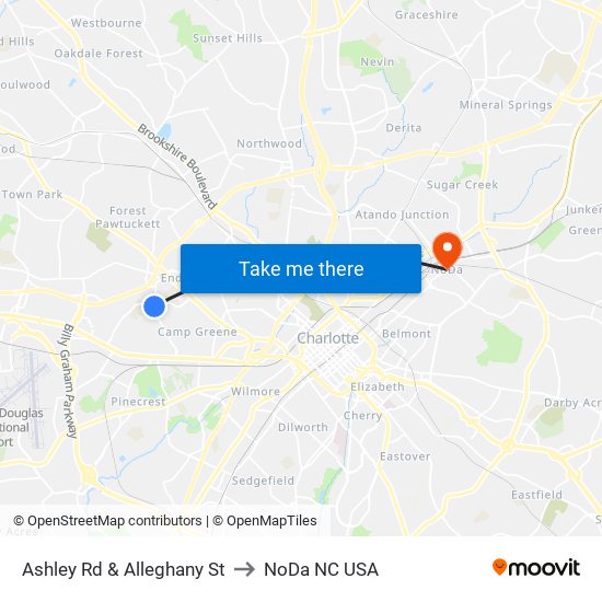 Ashley Rd & Alleghany St to NoDa NC USA map